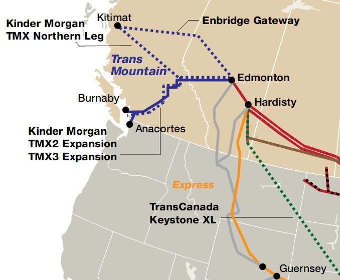 Canadian and U.S. oil pipelines: existing and proposed. The planned expansion from Edmonton to Vancouver (lower dotted  line) is primarily to export crude oil from tar sands to Asia via Salish Sea.