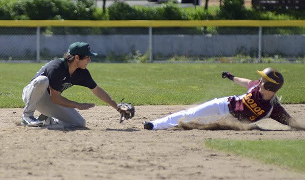 Lopez left fielder Bree Swanson is caught stealing in the Bi-District playoff game against Muckleshoot.  The Kings won the game 7-2 and will advance to the Bi-District finals.