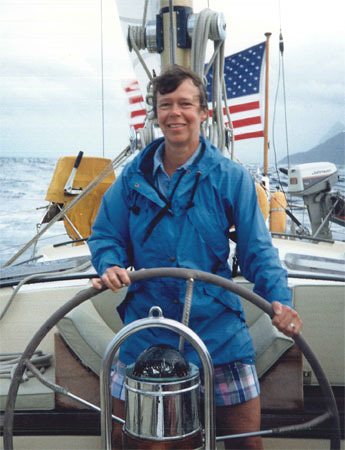 Julie sailing the channel between St. Lucia and St. Vincent in the Caribbean.