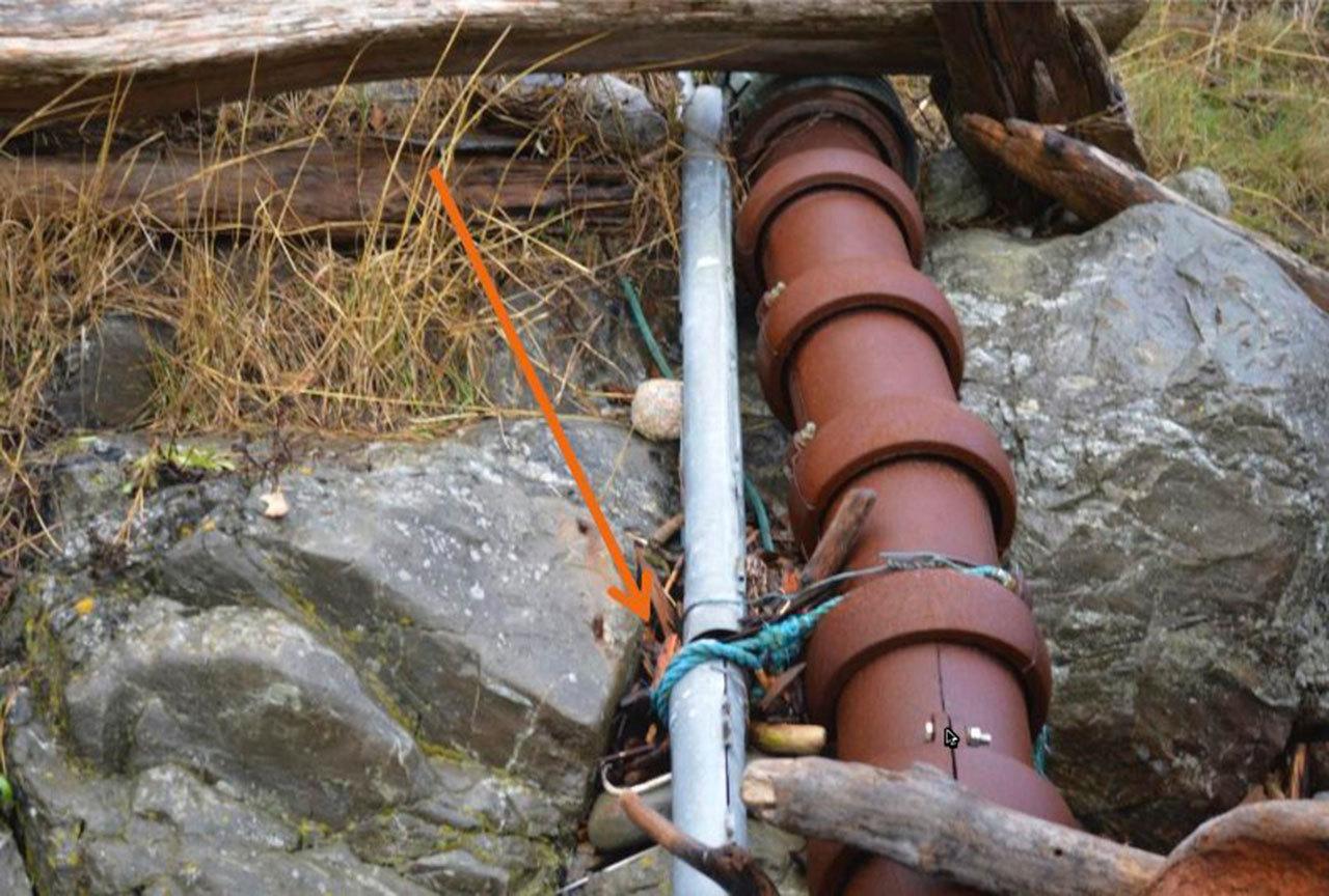 Contributed photo/Public records request                                 CenturyLink’s fiber cable is connected to OPALCO’s power cable with rope and wire near OPALCO’s Pear Point substation.