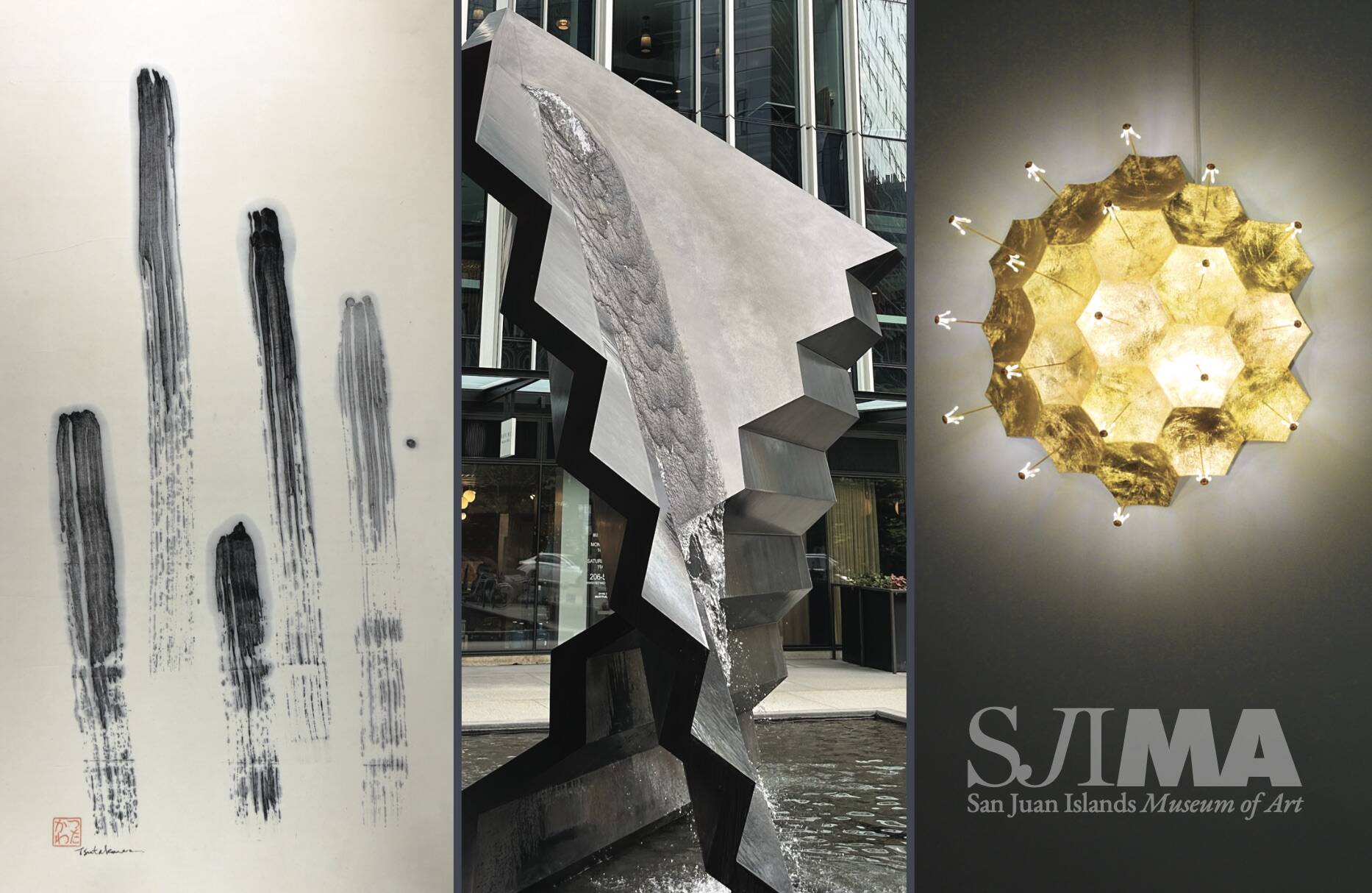 Contributed photo
Images, from left: George Tsutakawa, Uplift, Sumi Ink on Paper, No record of date
Gerard Tsutakawa, TONBI Fountain, Bronze, 2019. Kenzan Tsutakawa-Chinn, Coronal Ejection, SLS Printed Nylon, Composition Gold Leaf, Electronics Package, 2017.