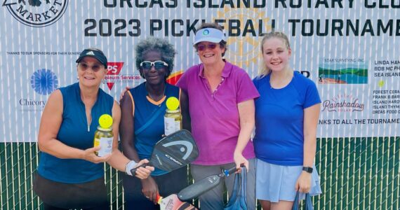 Contributed photo
The 2023 women’s doubles gold medal winners Donna Laslo and Rosedanie Cadet hold their pickle-jar trophies; mother and daughter team Barb Skotte and Monica Connell with their silver medal gift bags.