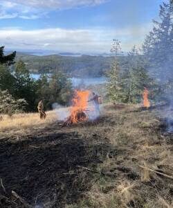 Contributed photo
Islands Conservation Corps crew members burn brush piles into biochar to reduce wildfire fuel loads on Turtleback Mountain.