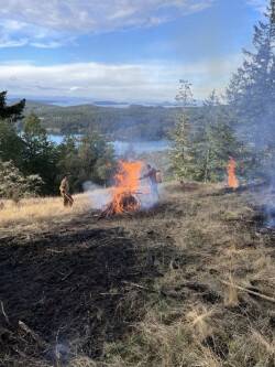 Contributed photo
Islands Conservation Corps crew members burn brush piles into biochar to reduce wildfire fuel loads on Turtleback Mountain.