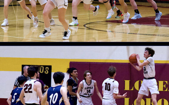 Top, left to right: Glory Westervelt, Iris Ervin-McLean, Betty Burt (with ball) and Dani Arnot take off on a fast break against Cedar Park Christian. The Lobos won 33—24. Bottom, left to right: Tristan Buckallew (22), Jake Jonas (14) and Ethan Patrick (10) look on as Silas Gronley brings down a rebound against Cedar Park in the Lobos’ 59-43 victory at home. 
Photos by Gene Helfman.