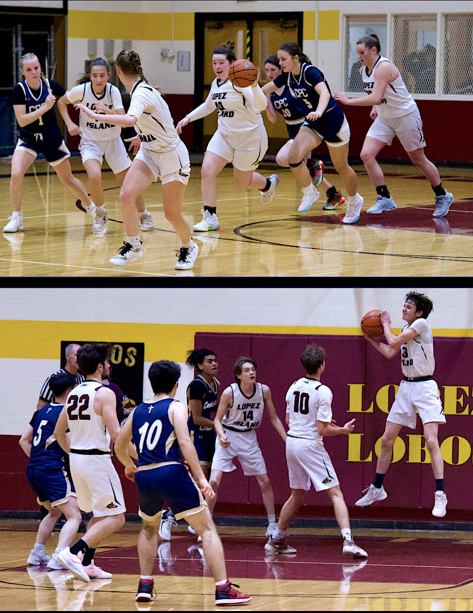 Top, left to right: Glory Westervelt, Iris Ervin-McLean, Betty Burt (with ball) and Dani Arnot take off on a fast break against Cedar Park Christian. The Lobos won 33—24. Bottom, left to right: Tristan Buckallew (22), Jake Jonas (14) and Ethan Patrick (10) look on as Silas Gronley brings down a rebound against Cedar Park in the Lobos’ 59-43 victory at home. 
Photos by Gene Helfman.