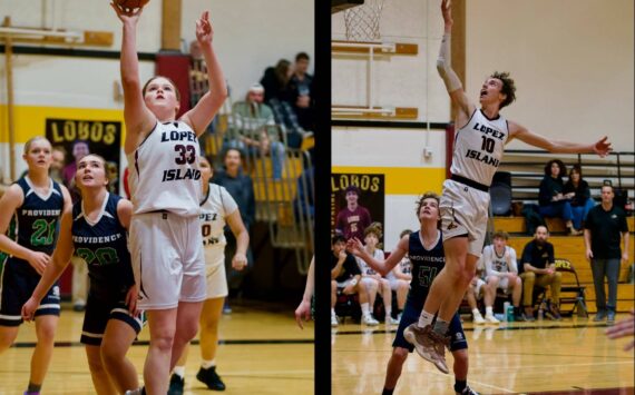 Contributed photo by Gene Helfman
(Left) Dani Arnott hits for two of her thirteen team-leading points against Providence in the Lady Lobos’ 25-23 win at home. (right) Ethan Patrick goes in for a layup in the Mens’ 48-47 victory versus Providence. Patrick led scoring with twenty-five points.