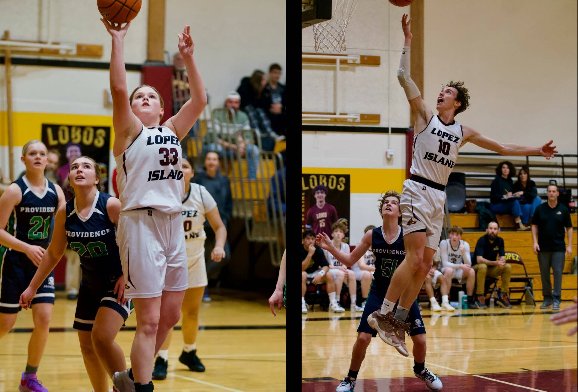 Contributed photo by Gene Helfman
(Left) Dani Arnott hits for two of her thirteen team-leading points against Providence in the Lady Lobos’ 25-23 win at home. (right) Ethan Patrick goes in for a layup in the Mens’ 48-47 victory versus Providence. Patrick led scoring with twenty-five points.